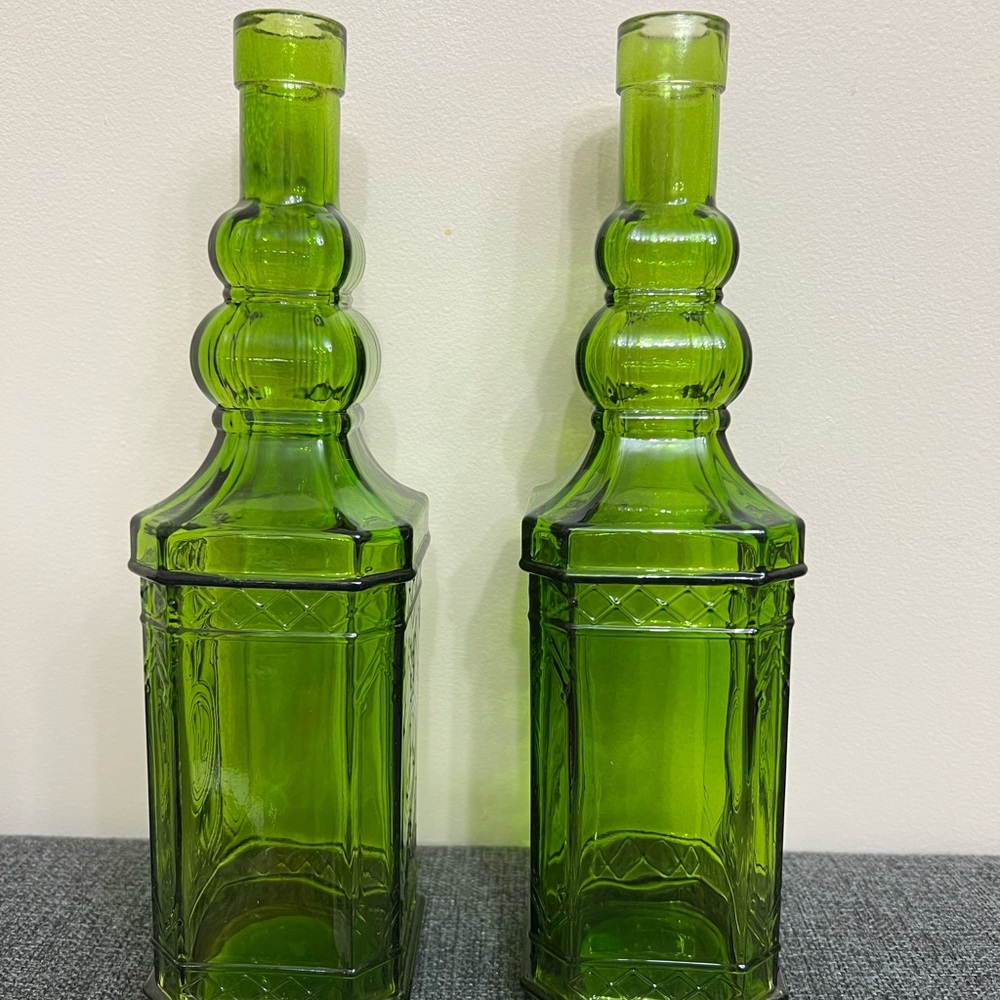 Elegant Green Glass Bottles - Set of 2 - Picture 2 of 3